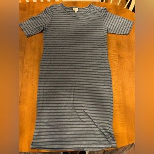 LuLaRoe Blue-Gray Midi Sheath Dress with Cuffed Sleeves and Crew Neck